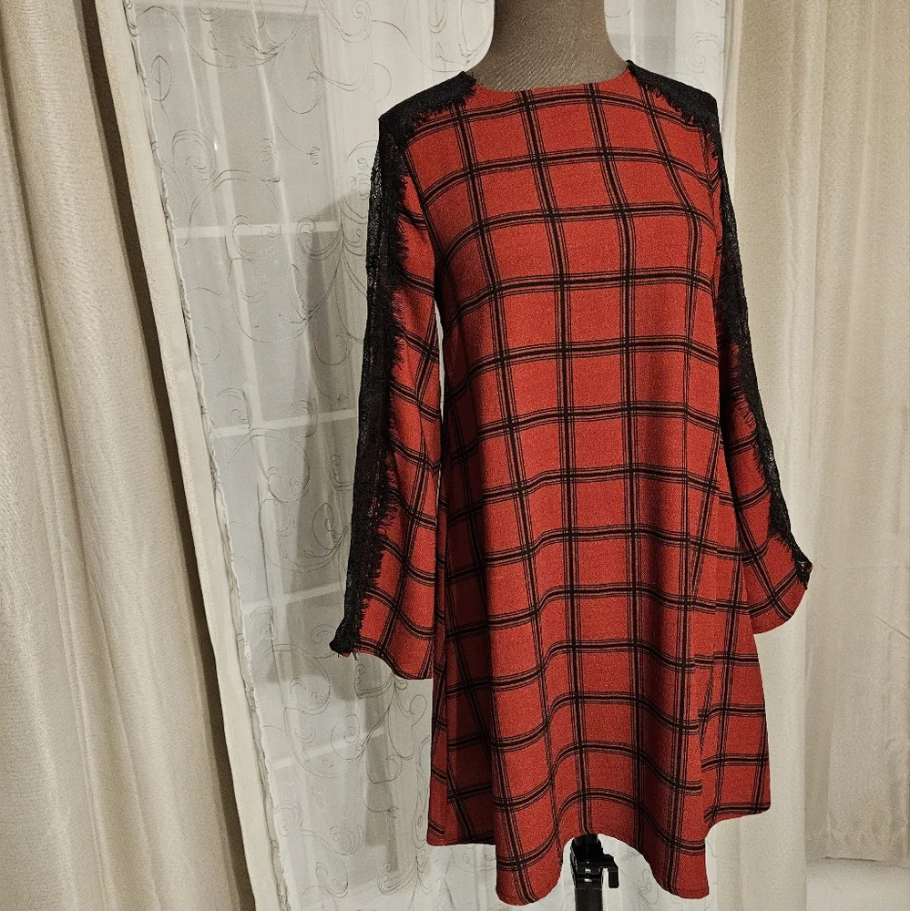 Gianni Bini Red Black Lace Plaid Whimsigoth Business Casual Midi Dress XS - Picture 13 of 16
